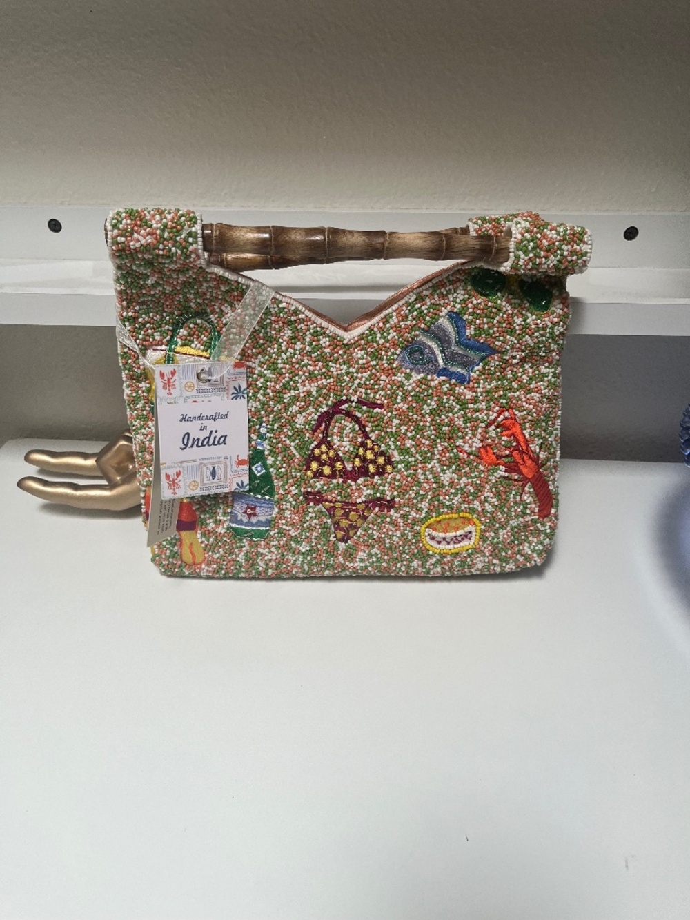 🏖️👙 Handcrafted in India Tropical Beach Beaded Bamboo Handle Bag – NWT